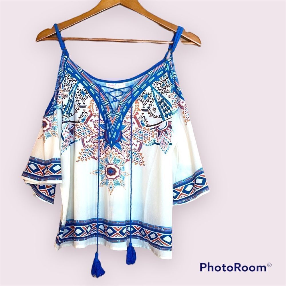 ROMWE Open Shoulder Tassel Tie Aztec Top 